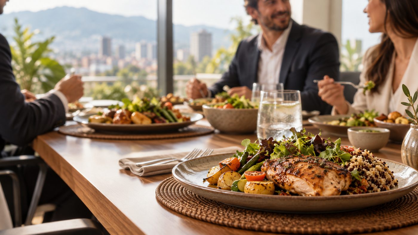 Almuerzo de negocios servido en una sala de reuniones
