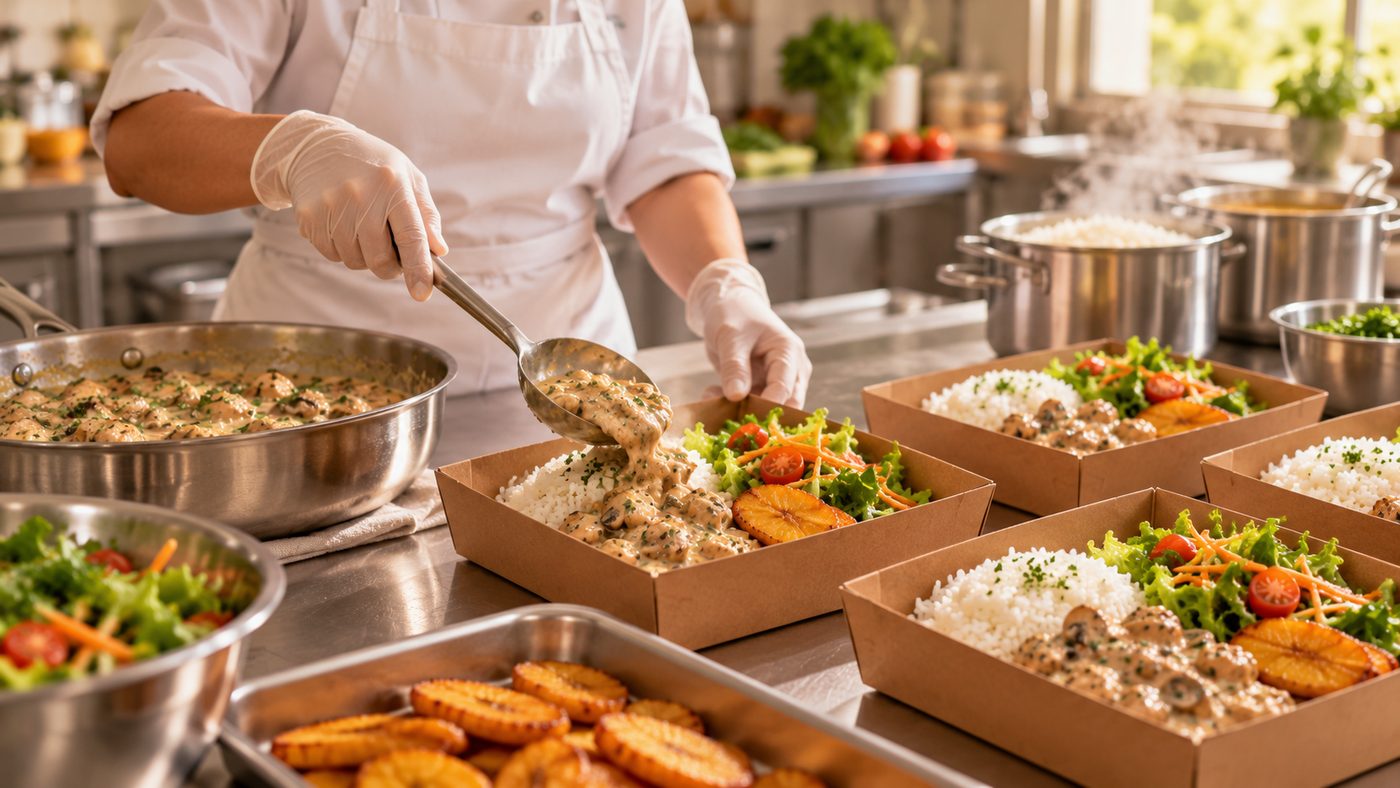 Cocinera sirviendo porciones de almuerzo en empaques kraft