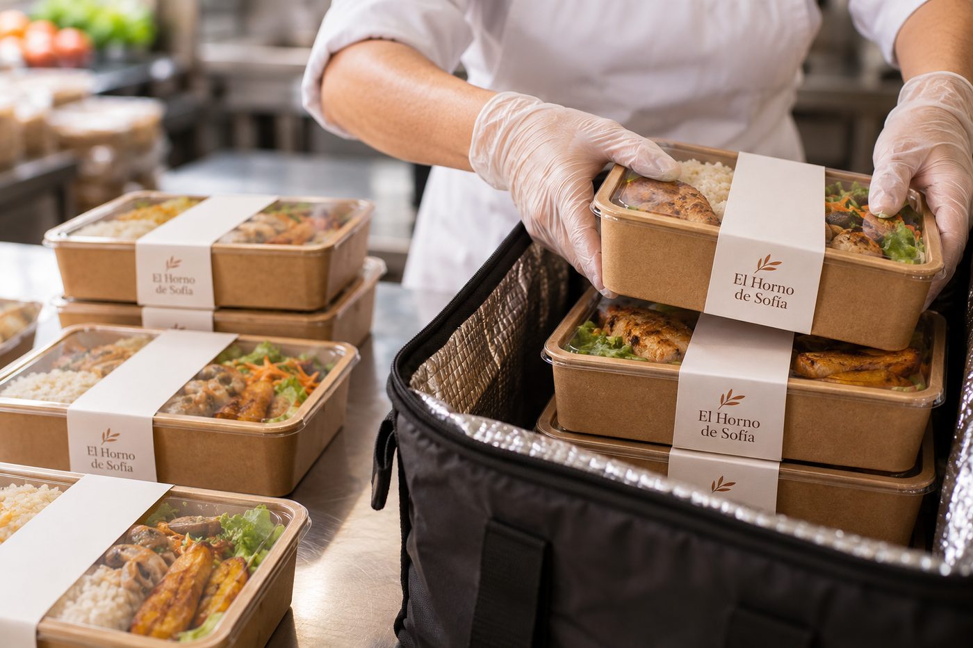 Almuerzos sellados con la faja de El Horno de Sofía guardados en una bolsa térmica
