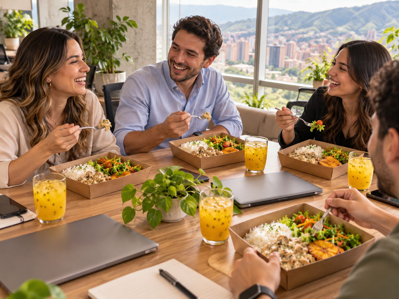 Equipo de trabajo almorzando junto en una oficina de Medellín
