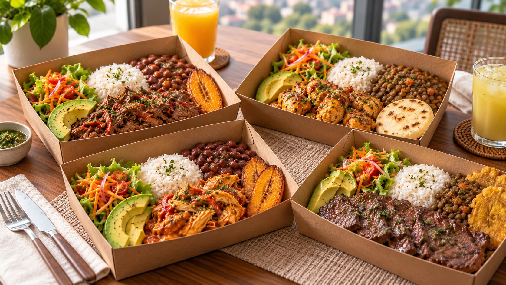 Cuatro almuerzos distintos con arroz, fríjoles o lentejas, aguacate, ensalada y maduro